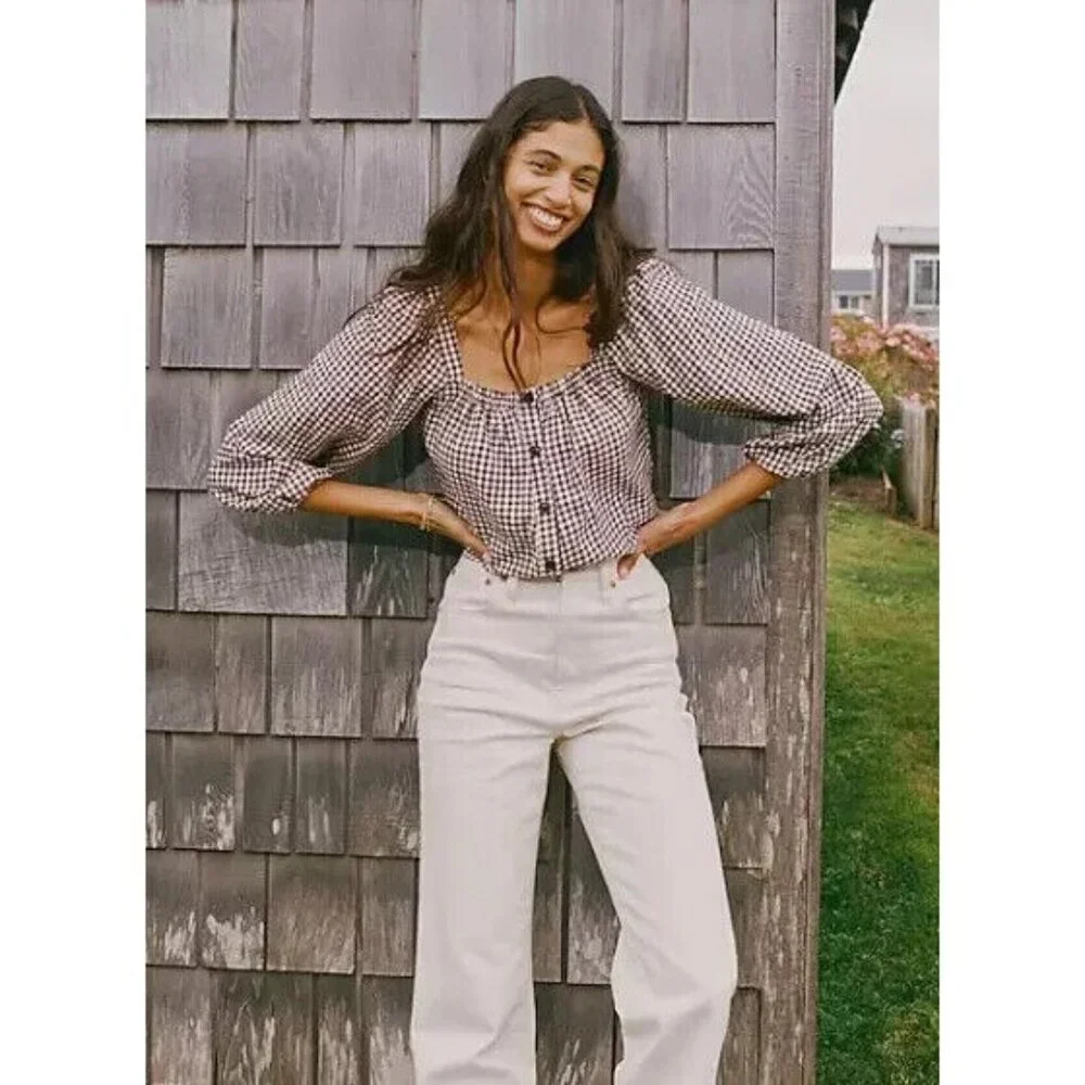 Madewell Top Crop Gingham Plaid Button Front Puff Sleeve